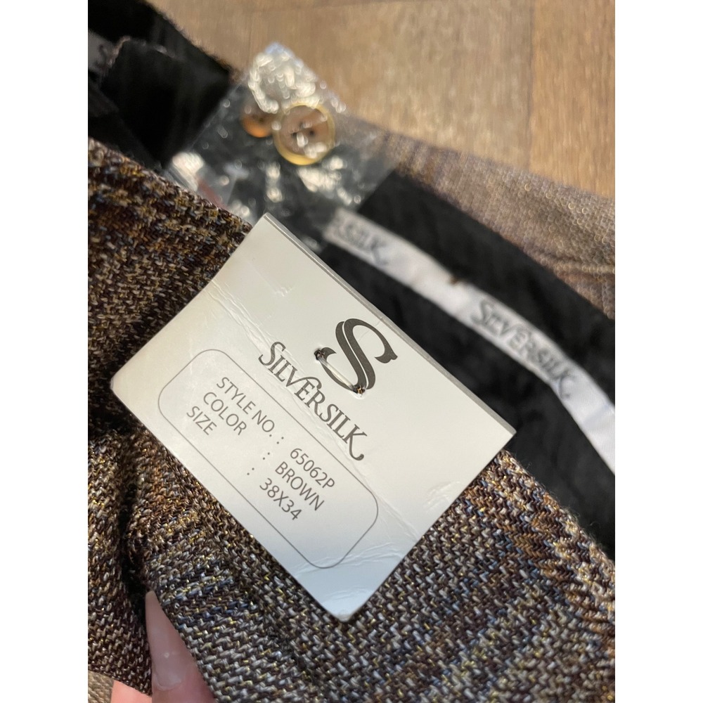 SilverSilk Mens Brown Plaid Dress Pants 38x34 Flat Front Trousers NWT - Picture 6 of 8